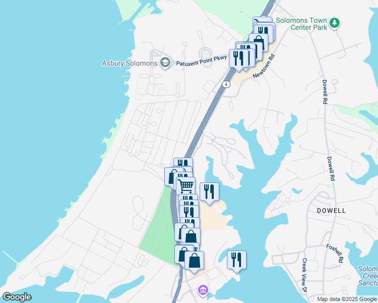 map of restaurants, bars, coffee shops, grocery stores, and more near Maryland 2 in Solomons