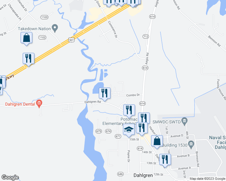 map of restaurants, bars, coffee shops, grocery stores, and more near 5216 Drakes Court in King George