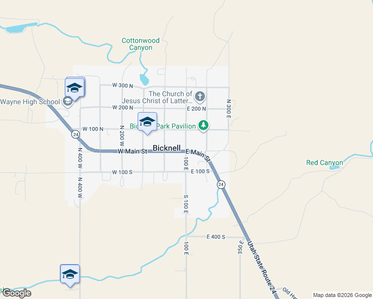 map of restaurants, bars, coffee shops, grocery stores, and more near 54-98 S 100 E in Bicknell
