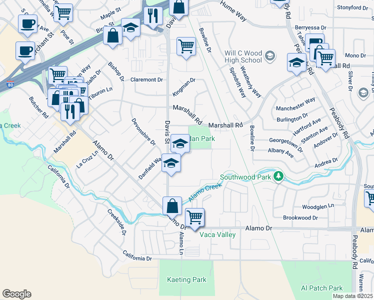 map of restaurants, bars, coffee shops, grocery stores, and more near 200 Padan School Road in Vacaville