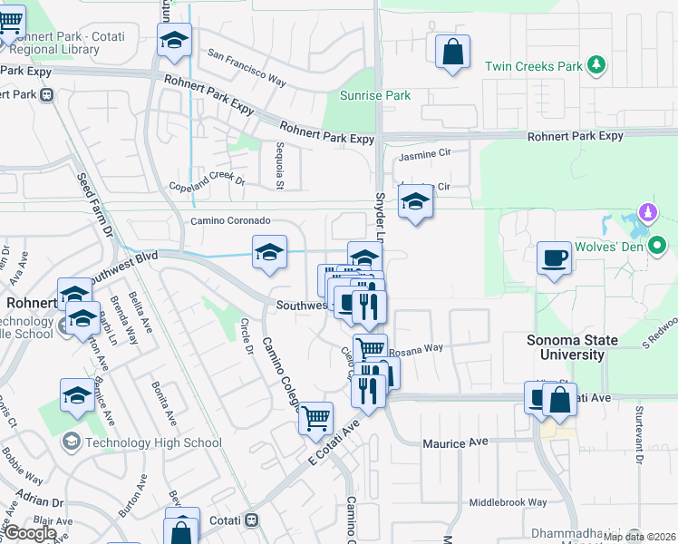 map of restaurants, bars, coffee shops, grocery stores, and more near 6801 Avenida Cala in Rohnert Park