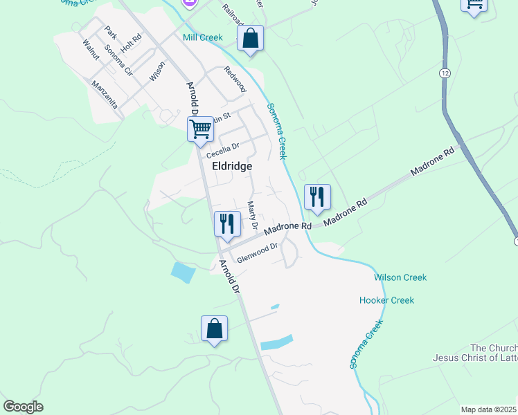 map of restaurants, bars, coffee shops, grocery stores, and more near 15390 Marty Drive in Glen Ellen