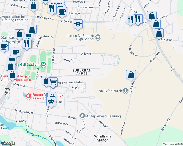map of restaurants, bars, coffee shops, grocery stores, and more near 205 Hall Drive in Salisbury