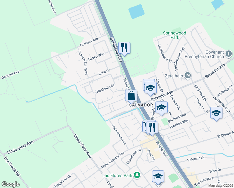 map of restaurants, bars, coffee shops, grocery stores, and more near 18 Hacienda Drive in Napa