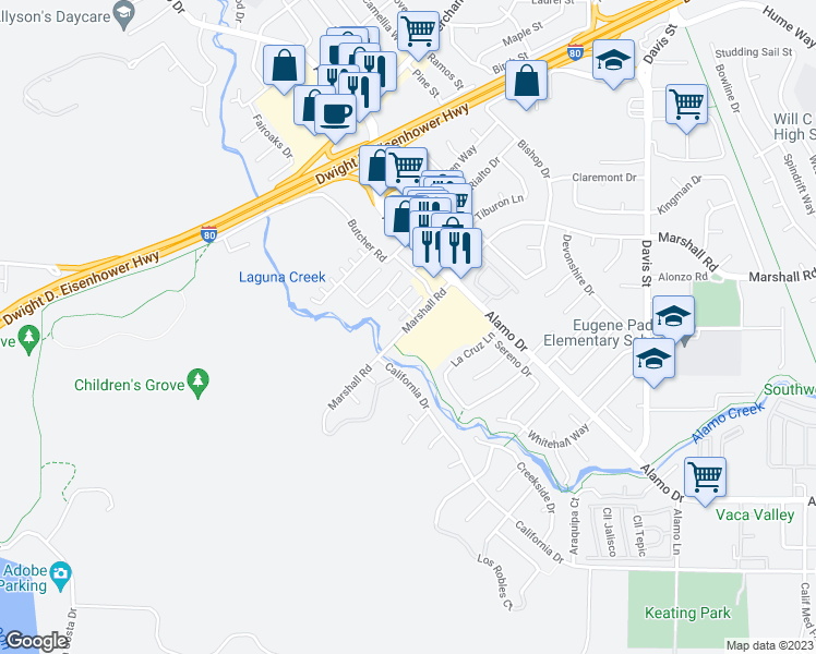 map of restaurants, bars, coffee shops, grocery stores, and more near 460 Marshall Road in Vacaville