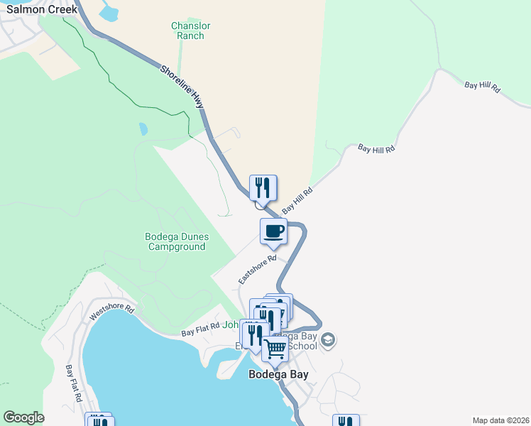 map of restaurants, bars, coffee shops, grocery stores, and more near 2001 California 1 in Bodega Bay