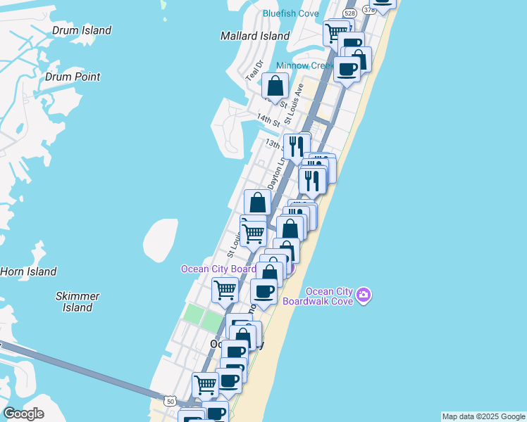 map of restaurants, bars, coffee shops, grocery stores, and more near 1001 Philadelphia Avenue in Ocean City