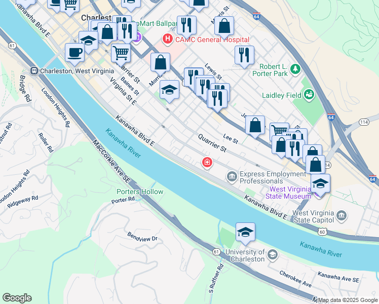 map of restaurants, bars, coffee shops, grocery stores, and more near in Charleston
