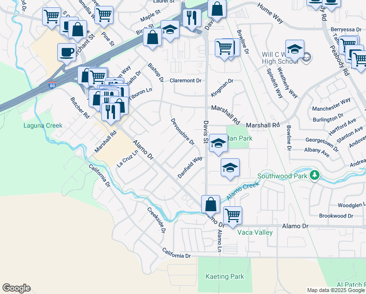 map of restaurants, bars, coffee shops, grocery stores, and more near 1276 Alderwood Way in Vacaville
