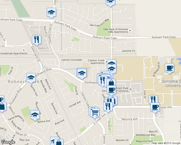 map of restaurants, bars, coffee shops, grocery stores, and more near 1247 Camino Coronado in Rohnert Park