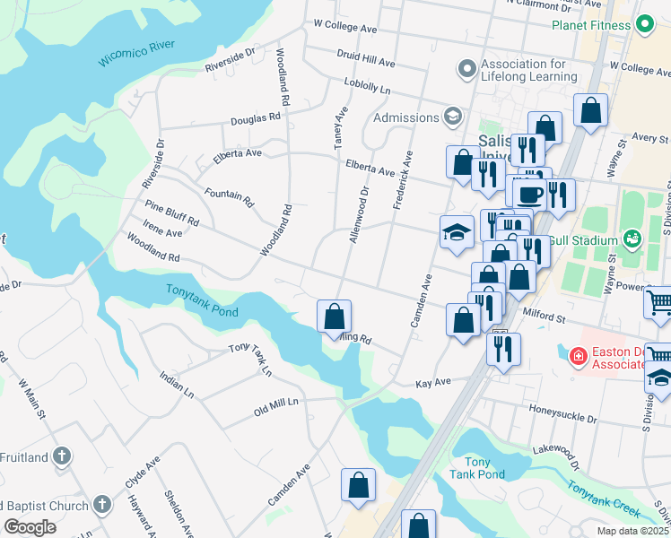 map of restaurants, bars, coffee shops, grocery stores, and more near 510 Dogwood Drive in Salisbury