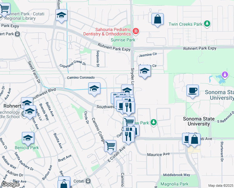 map of restaurants, bars, coffee shops, grocery stores, and more near 6818 Avenida Cala in Rohnert Park