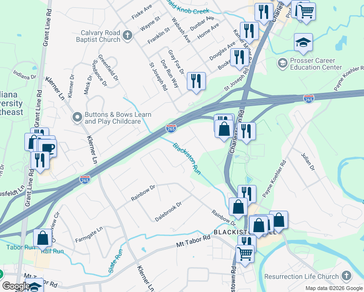 map of restaurants, bars, coffee shops, grocery stores, and more near 3599 Joseph Ct in New Albany