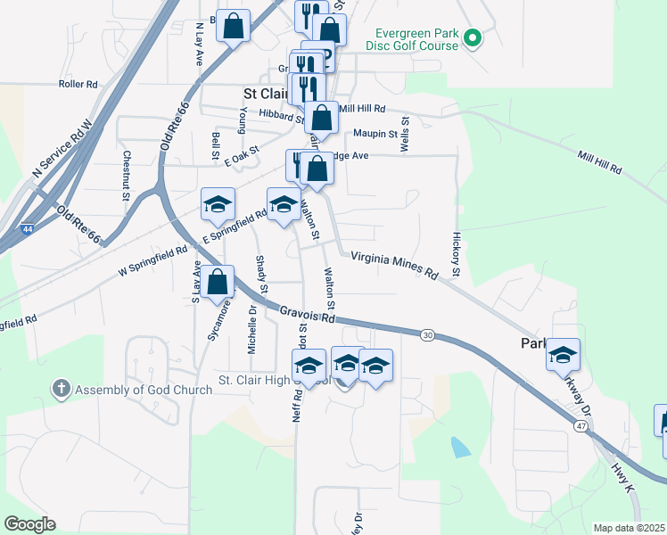 map of restaurants, bars, coffee shops, grocery stores, and more near 705 Virginia Mines Road in Saint Clair