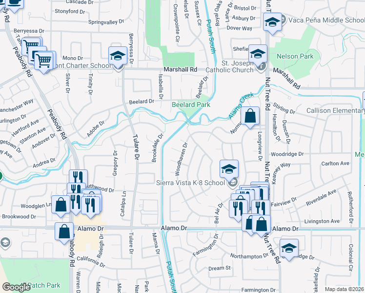 map of restaurants, bars, coffee shops, grocery stores, and more near 200 Pembroke Court in Vacaville