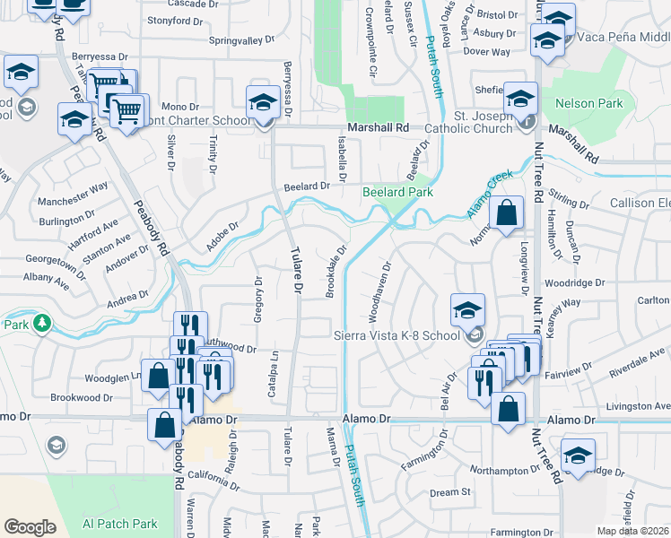 map of restaurants, bars, coffee shops, grocery stores, and more near 607 Cornell Court in Vacaville