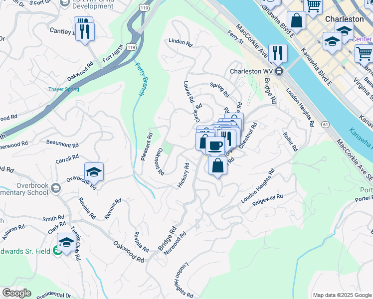 map of restaurants, bars, coffee shops, grocery stores, and more near 1069 Oakmont Road in Charleston