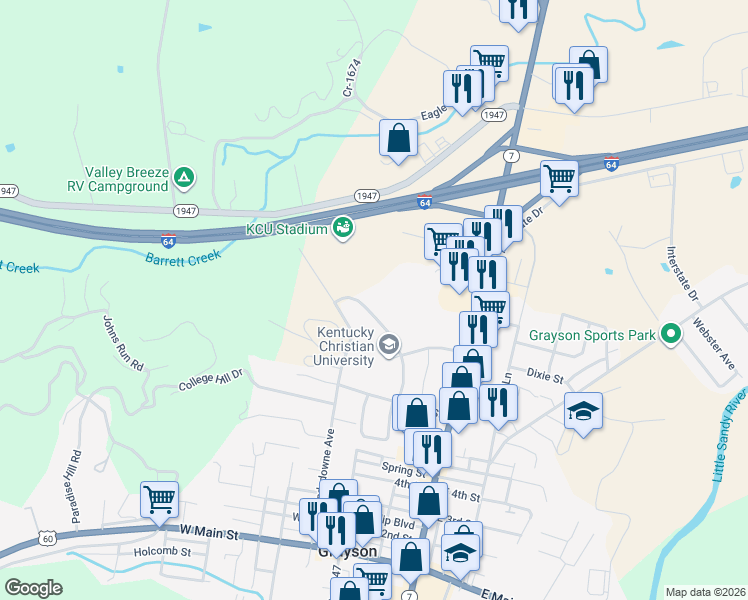 map of restaurants, bars, coffee shops, grocery stores, and more near 100 Academic Parkway in Grayson