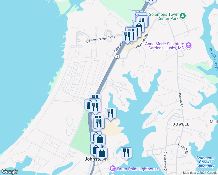map of restaurants, bars, coffee shops, grocery stores, and more near 104 Square Rigger Way in Solomons
