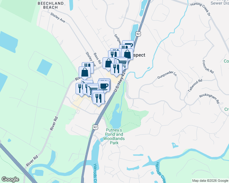 map of restaurants, bars, coffee shops, grocery stores, and more near 9207 U.S. 42 in Prospect