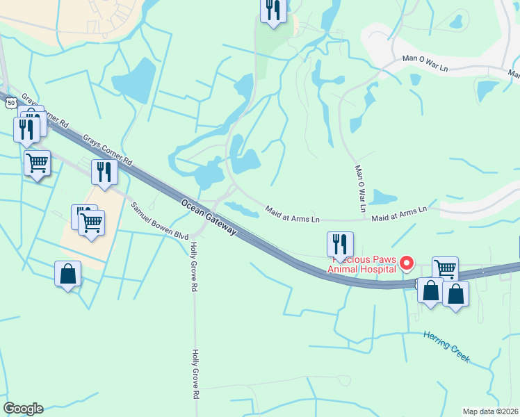 map of restaurants, bars, coffee shops, grocery stores, and more near 11633 Maid at Arms Lane in Berlin