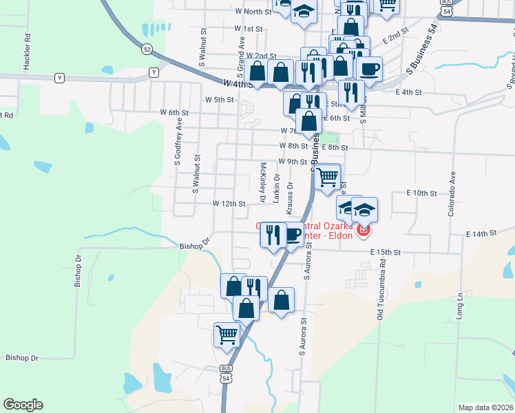 map of restaurants, bars, coffee shops, grocery stores, and more near 900-1198 McKinley in Eldon