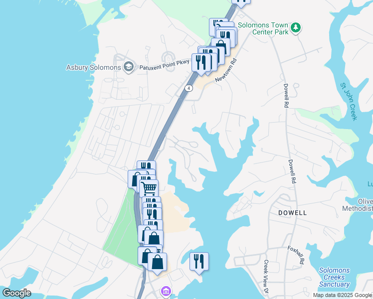 map of restaurants, bars, coffee shops, grocery stores, and more near 1255 Half Hitch Lane in Solomons