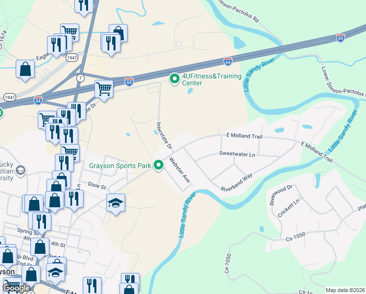 map of restaurants, bars, coffee shops, grocery stores, and more near 900 East Midland Trail in Grayson