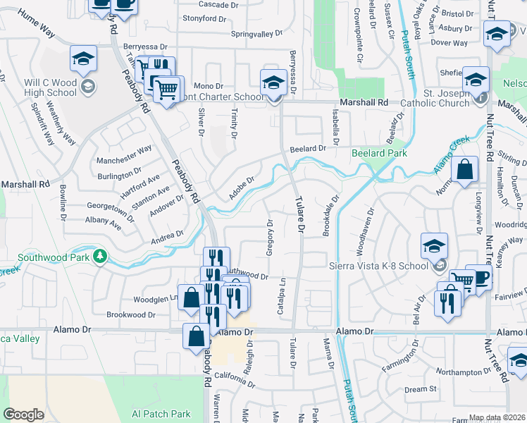 map of restaurants, bars, coffee shops, grocery stores, and more near 578 Gregory Drive in Vacaville