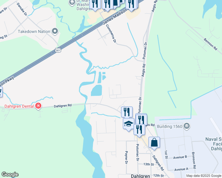map of restaurants, bars, coffee shops, grocery stores, and more near 5200 Drakes Court in King George