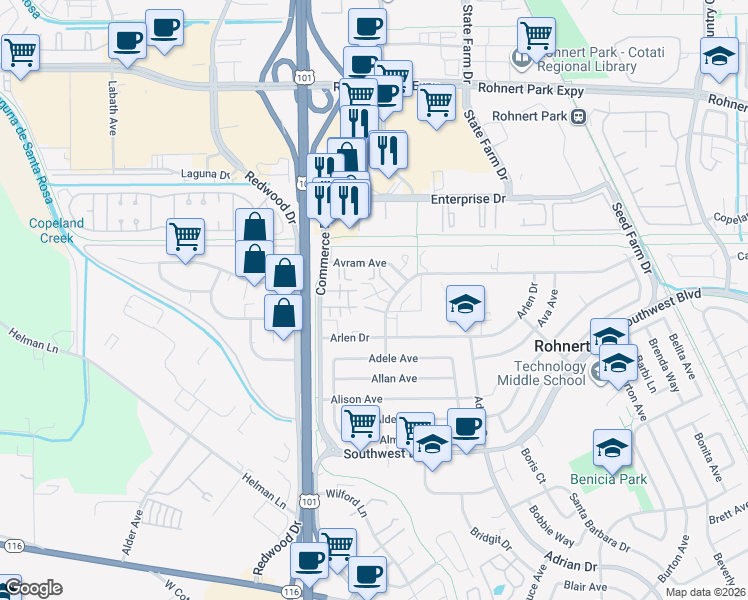 map of restaurants, bars, coffee shops, grocery stores, and more near 154 Santa Alicia Drive in Rohnert Park