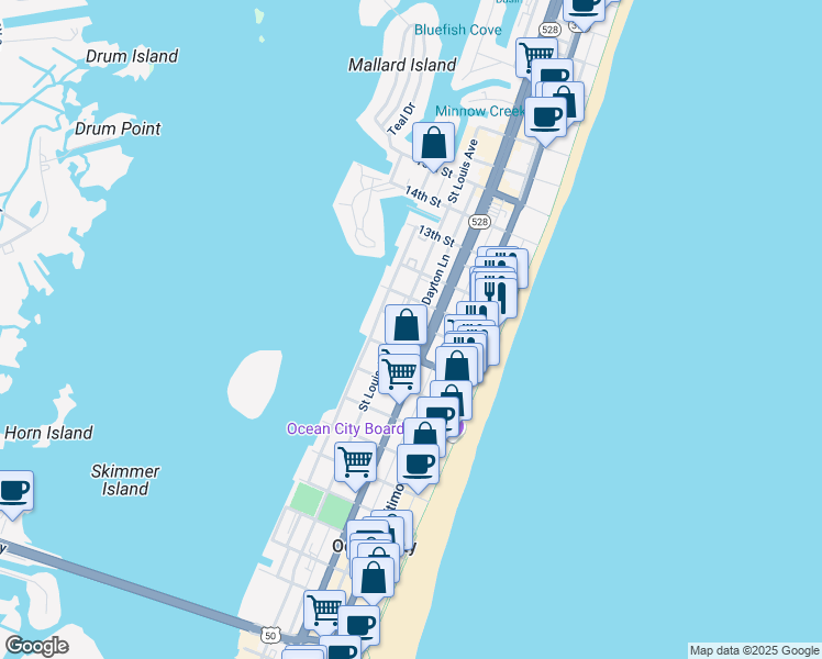 map of restaurants, bars, coffee shops, grocery stores, and more near 1001 Philadelphia Avenue in Ocean City
