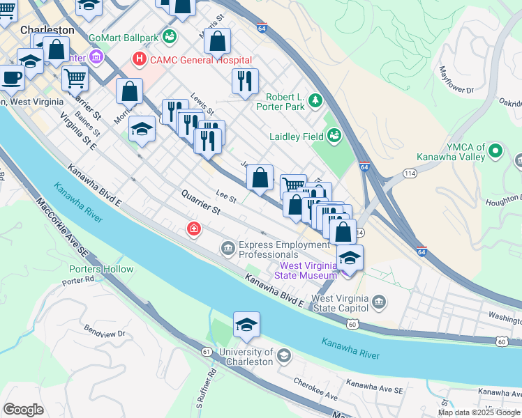 map of restaurants, bars, coffee shops, grocery stores, and more near 1555 1/2 워싱턴 스트리트 이스트 in Charleston
