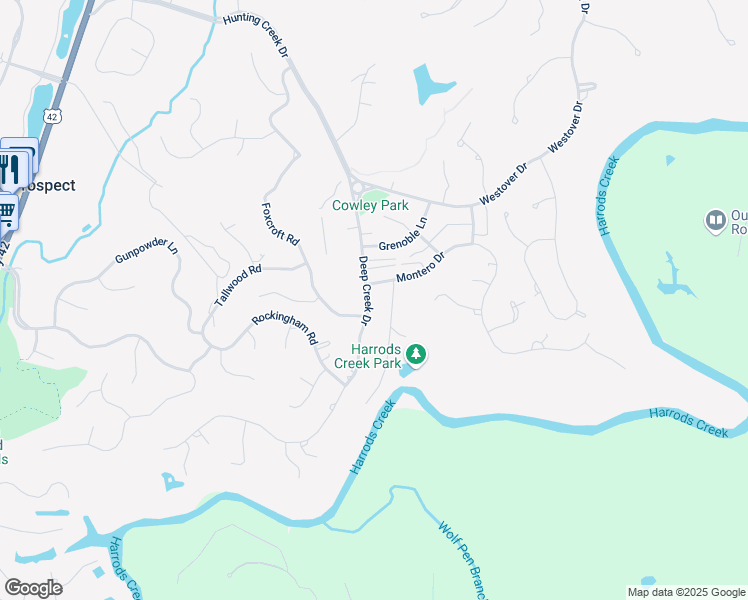 map of restaurants, bars, coffee shops, grocery stores, and more near 6512 Deep Creek Drive in Prospect
