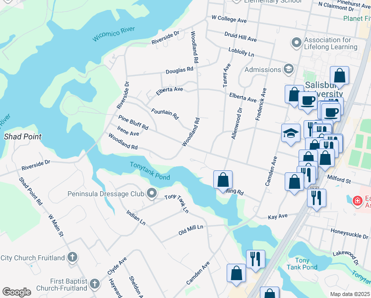 map of restaurants, bars, coffee shops, grocery stores, and more near 1501 Woodland Road in Salisbury