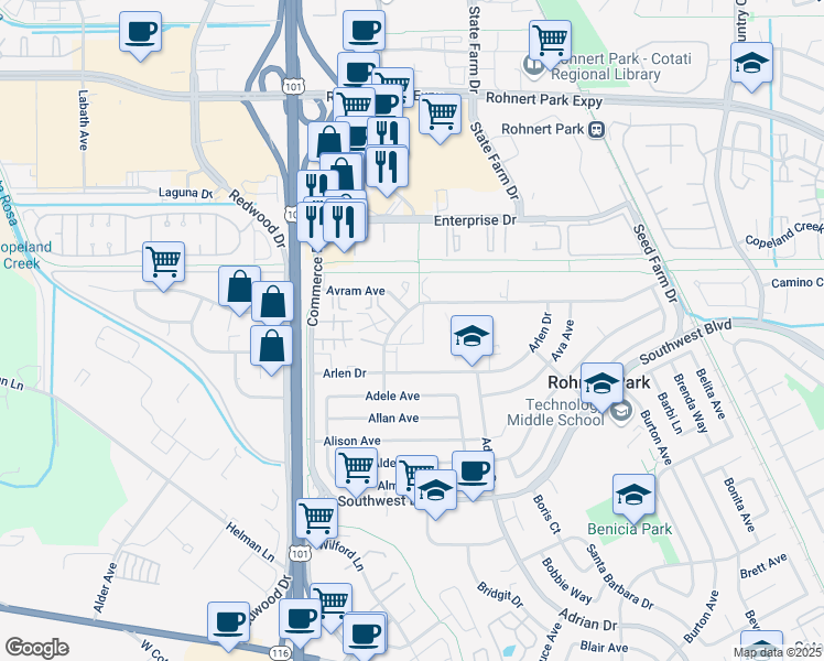 map of restaurants, bars, coffee shops, grocery stores, and more near 201 Santa Alicia Drive in Rohnert Park