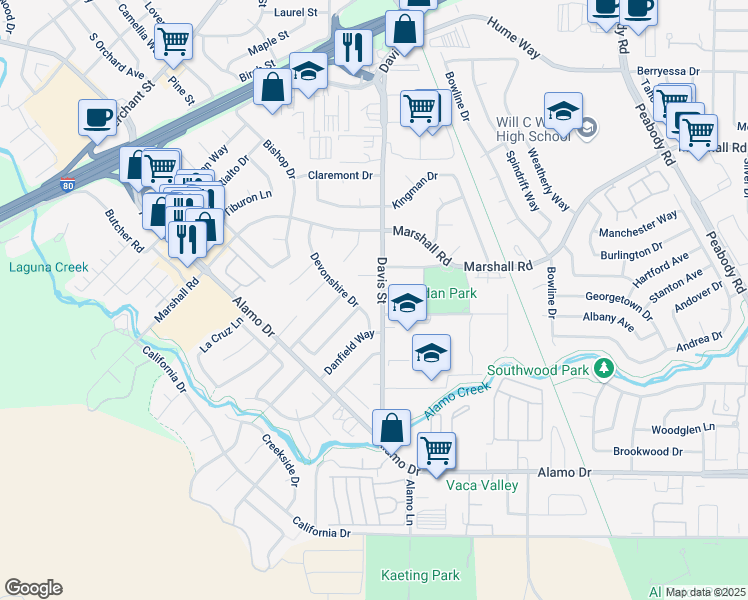 map of restaurants, bars, coffee shops, grocery stores, and more near 1251 Devonshire Drive in Vacaville