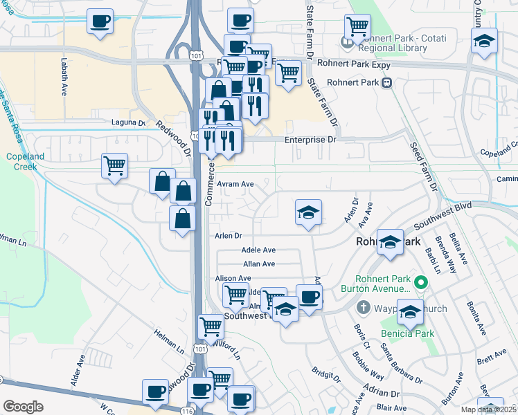 map of restaurants, bars, coffee shops, grocery stores, and more near 795 Santa Alicia Drive in Rohnert Park