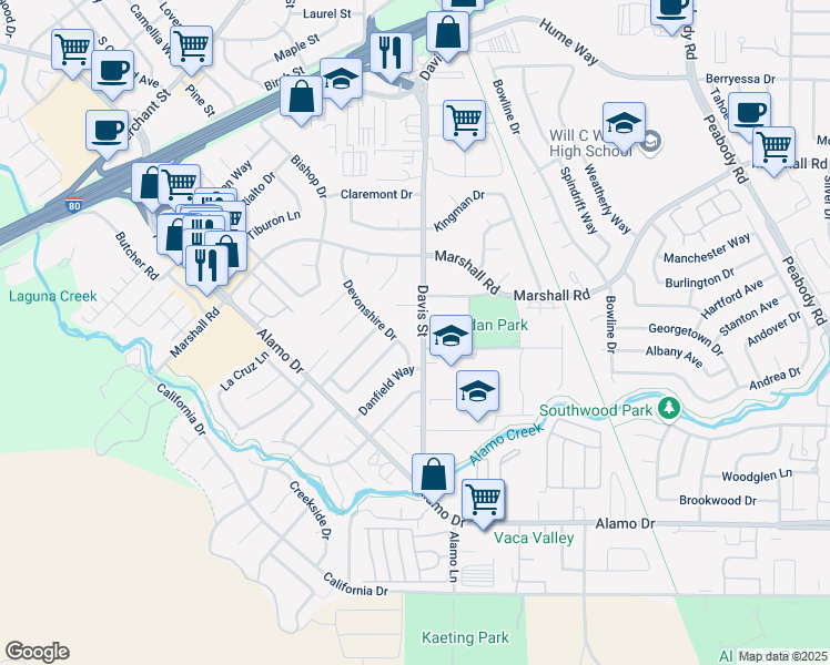 map of restaurants, bars, coffee shops, grocery stores, and more near 1251 Devonshire Drive in Vacaville