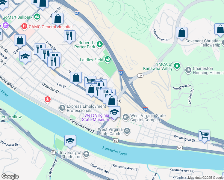 map of restaurants, bars, coffee shops, grocery stores, and more near 407 Mc Clung Street in Charleston
