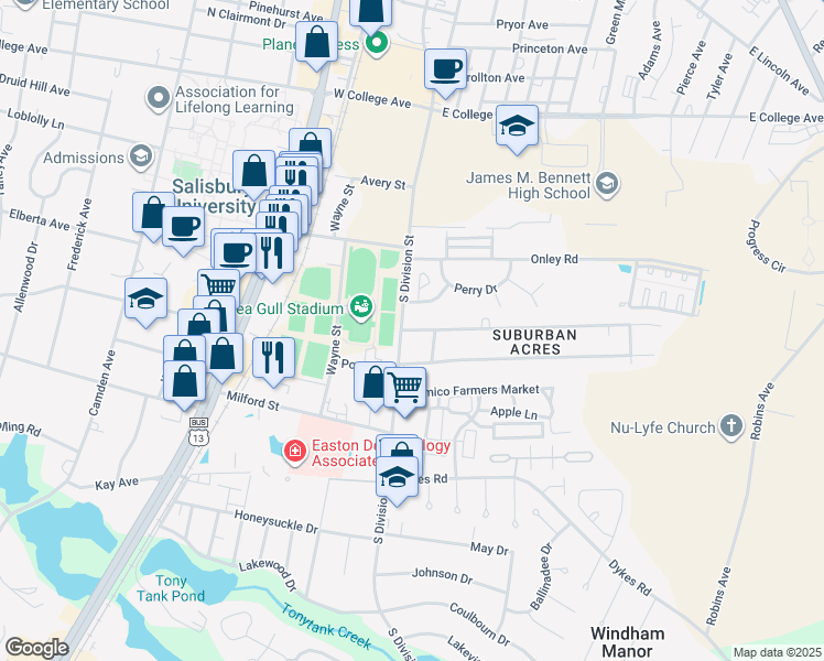 map of restaurants, bars, coffee shops, grocery stores, and more near 12 Hall Drive in Salisbury