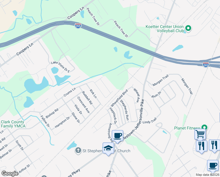 map of restaurants, bars, coffee shops, grocery stores, and more near 4506 Golden Crest Drive in Jeffersonville