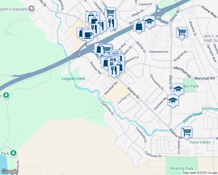 map of restaurants, bars, coffee shops, grocery stores, and more near 496 Marshall Road in Vacaville