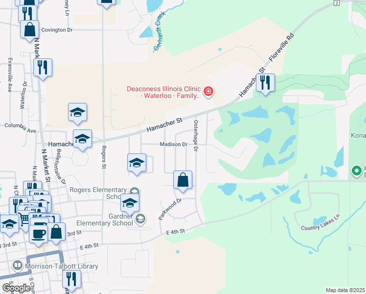 map of restaurants, bars, coffee shops, grocery stores, and more near 120 Madison Drive in Waterloo