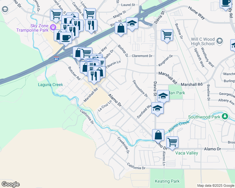 map of restaurants, bars, coffee shops, grocery stores, and more near 1241 Alamo Drive in Vacaville
