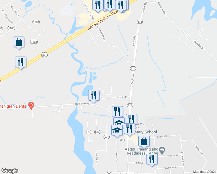 map of restaurants, bars, coffee shops, grocery stores, and more near 5001 Mallards Landing Drive in King George