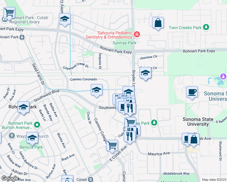 map of restaurants, bars, coffee shops, grocery stores, and more near 6801 Avenida Cala in Rohnert Park