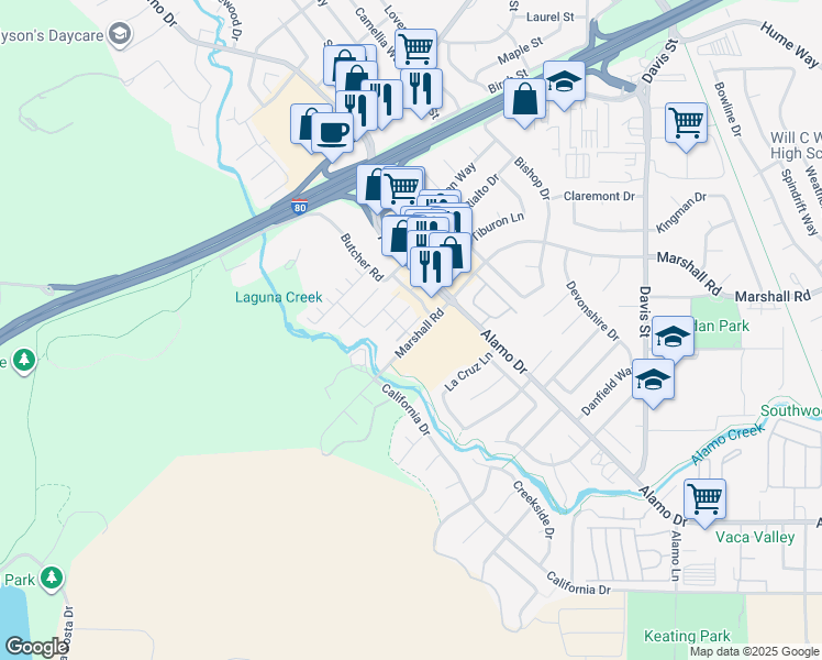 map of restaurants, bars, coffee shops, grocery stores, and more near 496 Marshall Road in Vacaville