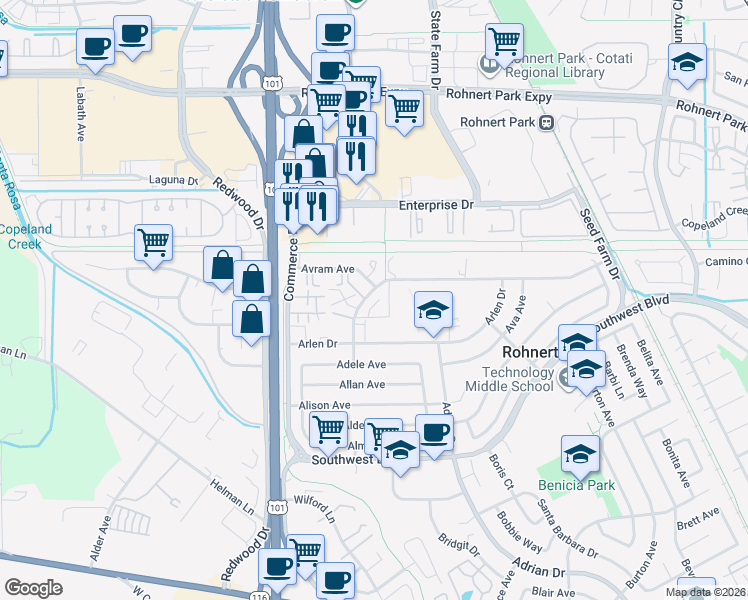 map of restaurants, bars, coffee shops, grocery stores, and more near 187 Santa Alicia Drive in Rohnert Park