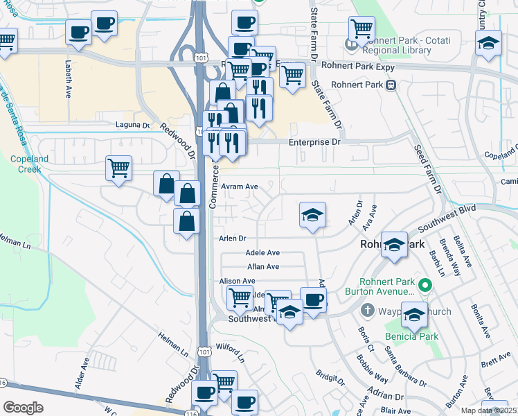 map of restaurants, bars, coffee shops, grocery stores, and more near 187 Santa Alicia Drive in Rohnert Park